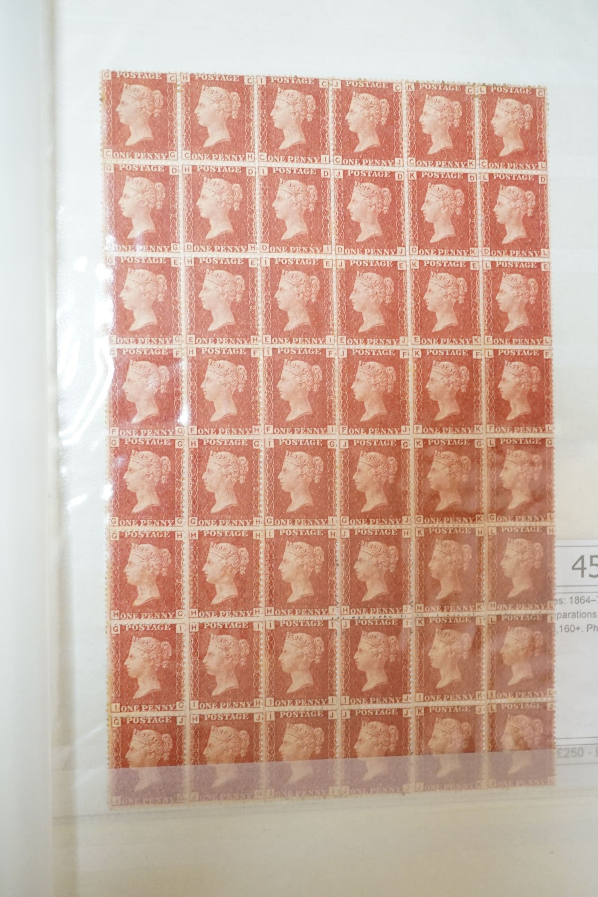 Great Britain stamps in stock book with 1840 1d black and 1841 2d blue unused. 1841 1d red brown mint block of 8, 1864-79 1d red plates in mint blocks including plate 79 block of 48, plate 170 block of 6 with marginal in